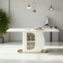 Noble House 63" Modern Dining Table for 4-6, Sintered Stone Top with Cabinet, Golden Solid Wood Base, White