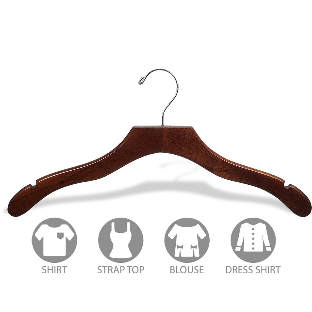 Wavy Wood Top Hanger, Box of 100 Space Saving 17 Inch Wooden Hangers w/ Walnut Finish & Chrome Swivel Hook & Notches for Shirt Jacket or Dress by International Hanger
