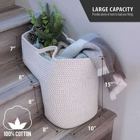 Stair Basket - Gray & White Rope Staircase Organizer and Storage for Wooden Stairs -Stair