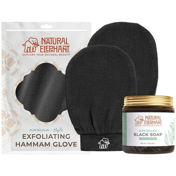 Natural Elephant Moroccan Black Soap 200g (7oz) and 2 Pack of Exfoliating Hammam Glove (Black) Combo