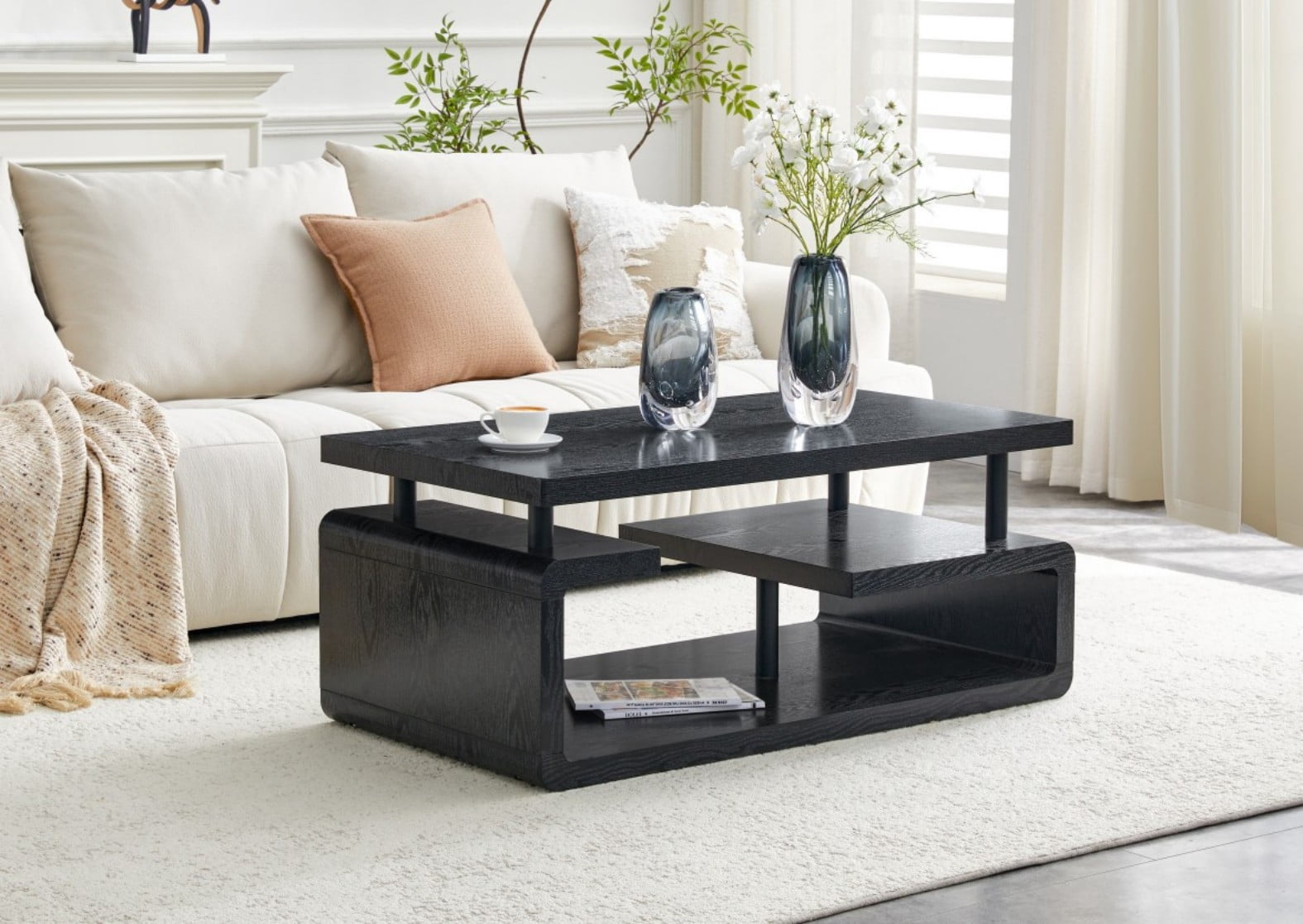 3-Tier Coffee Table, Wood Grain MDF Storage Table with Open Shelves, Modern Multi-Layer Living Room Table for Home Office & Small Spaces, Black