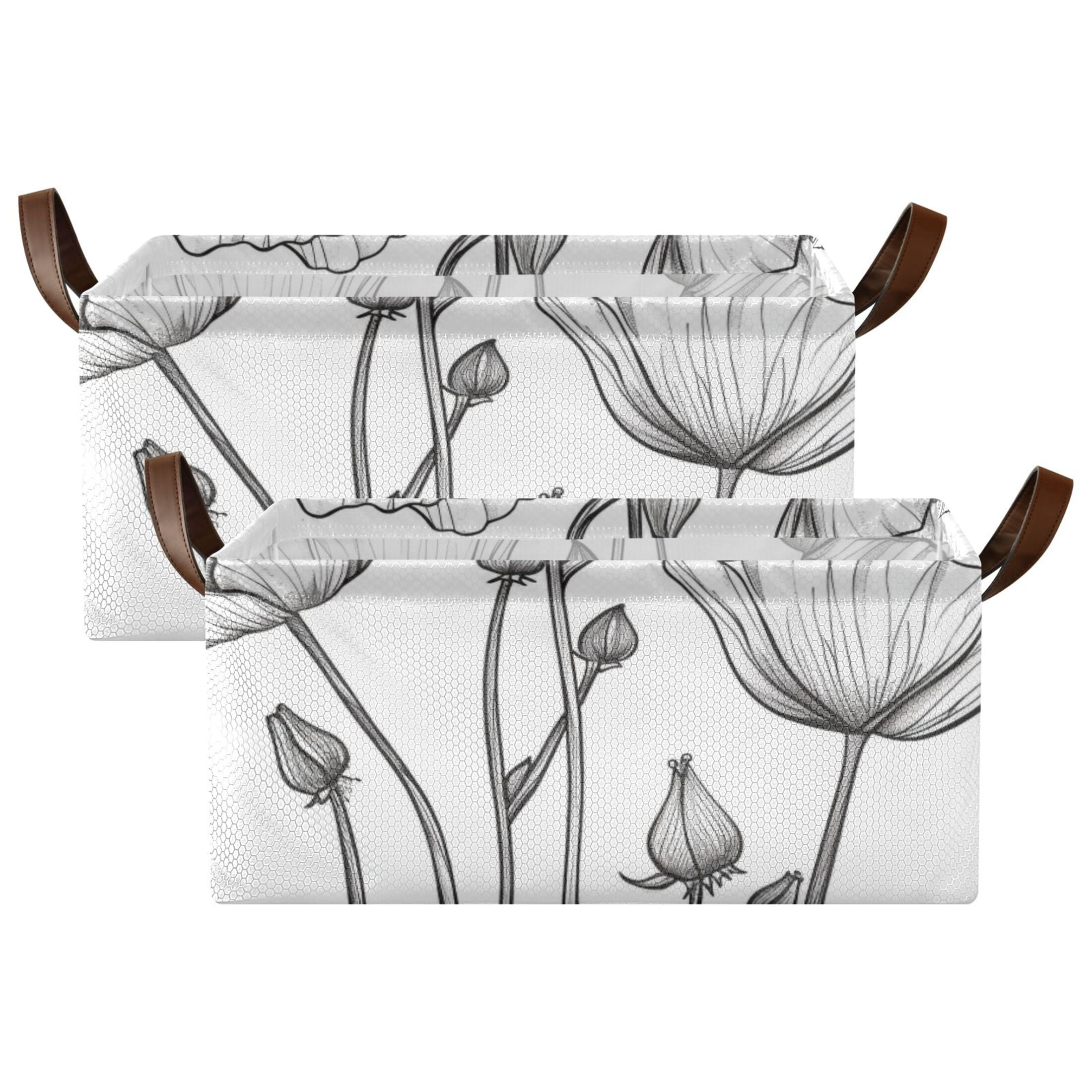 Black Line Flowers Storage Bins with Handles Foldable Storage Baskets for Shelves Organizer Cloth Baskets