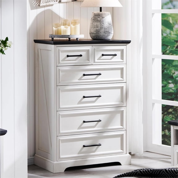 ACCOHOHO 6 Drawer Dresser for Bedroom, Farmhouse 46" High Wooden Country Style Drawer Chest, Wide Metal Handle Pull-out Storage Cabinet, White