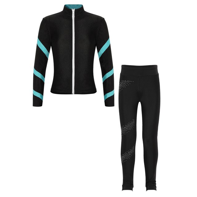 Yeahdor Kids Girls 2 Piece Figure Skating Training Suit Long Sleeve Zipper Jacket And Rhinestone Leggings Set Blue Green 10