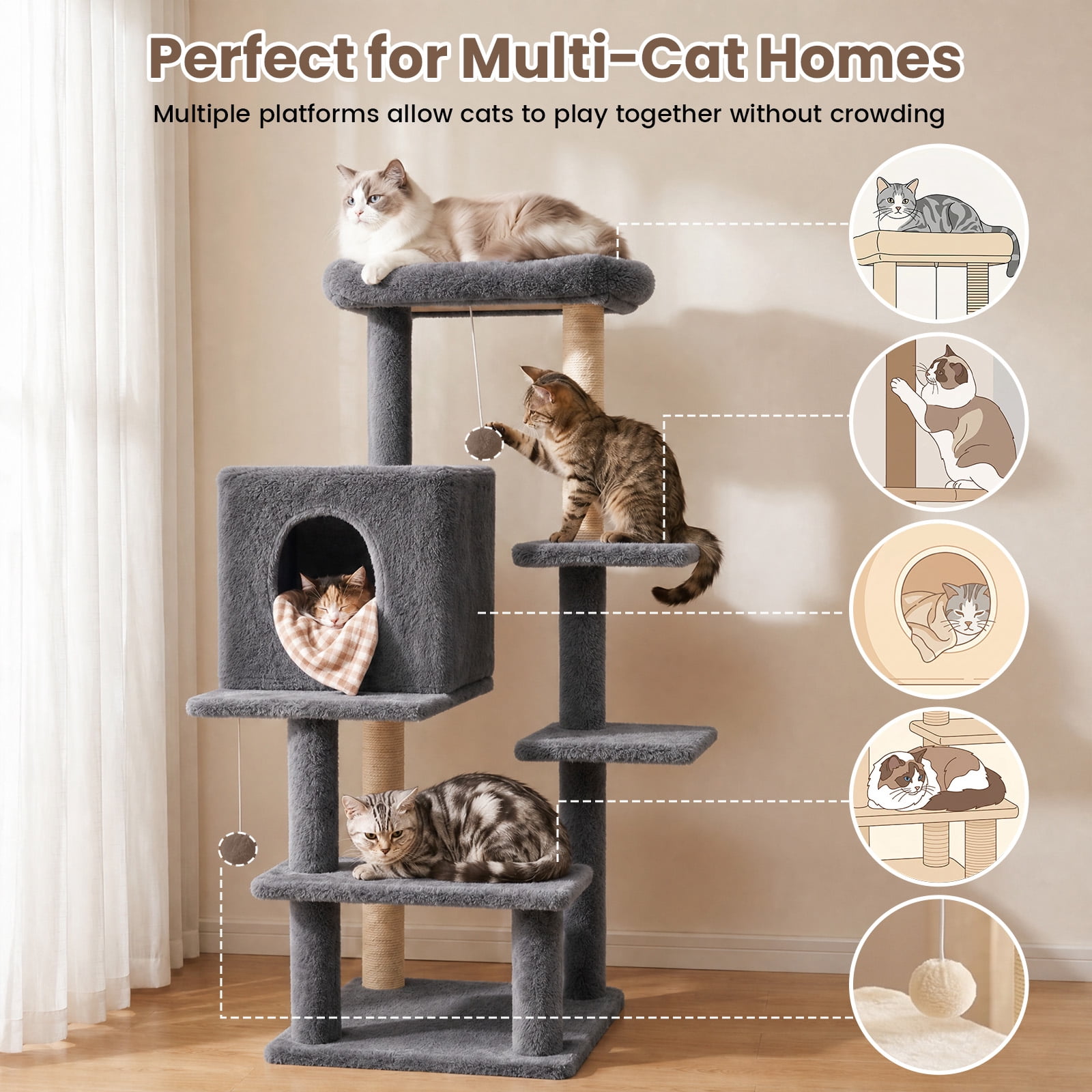 Sturdy 40-inch Cat Tree Tower with Cat Cave & Ramp Steps - Multi-Level Play & Sleep Center for Large Indoor Cats, Dark Gray