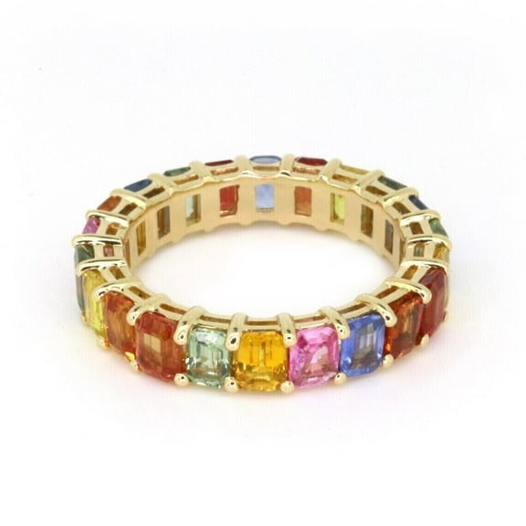Gaspara Emerald Cut Multi Sapphire Eternity Rainbow Band Ring 14K Yellow Gold Plated for Women's