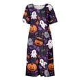 thumbnail image 4 of Women's Halloween Print Round Neck Dress with Pockets Short Sleeve Loose Midi Casual Dress Plus Size for Autumn Daily Wear Party Light Purple L, 4 of 6