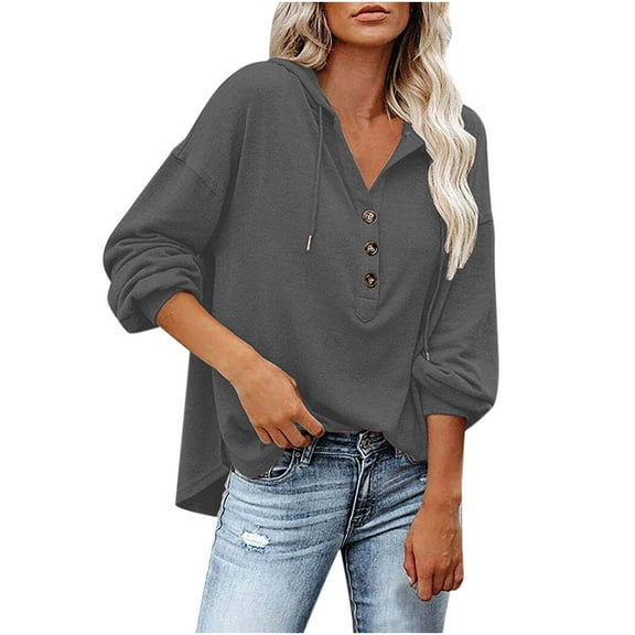 Womens Long Sleeve T Shirts Loose Casual Solid Color V Neck Button Long Sleeved Hoodie Sweatshirt