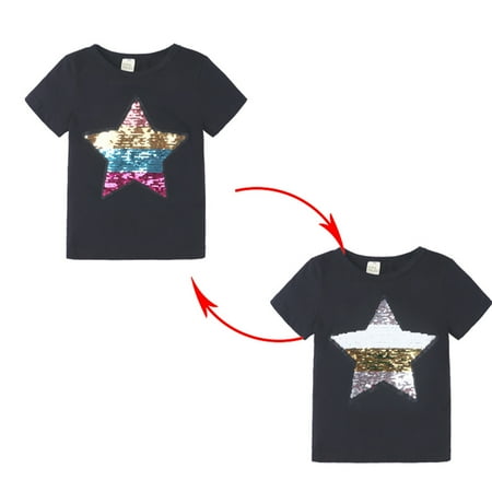 

Tejiojio Girls and Toddlers Soft Cotton Clearance Toddler Baby Girls Fashion Cotton Funny Discoloration Flip Star Sequins Pattern Top T-shirt