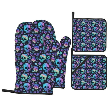 

Oven Mitts and Pot Holders 4 pcs Set Skull flower cute Heat Resistant Pot Holders Oven Mitts for kitchen Non-Slip Hanging Loop Oven Glove Potholders for Baking Cooking