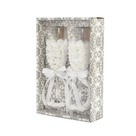 

1 Pair of Bridal and Groom Champagne Flutes Elegant Flower Imitation Pearl Decor Drinking Glasses