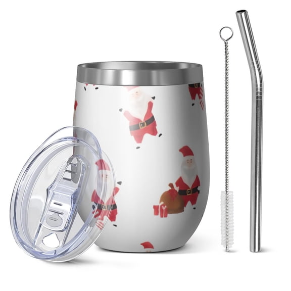 12oz Stemless Wine Tumblers White Christmas Santa Pattern Vacuum Insulated Stainless Steel Travel Tumbler Cups Mug with Lid and Straw for Champaign,Cocktail,Beer with Cleaning Brush