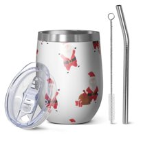 12oz Stemless Wine Tumblers White Christmas Santa Pattern Vacuum Insulated Stainless Steel Travel Tumbler Cups Mug with Lid and Straw for Champaign,Cocktail,Beer with Cleaning Brush