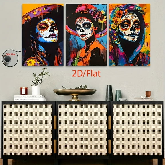 2D Flat, [JIT]3pcs/set, 2D Flat canvas paintings- frameless, Vibrant Sugar - Skull Art Print for Trendy Home Decor Posters and prints, Halloween gifts, Christmas gifts, home decor, holiday gifts, pa