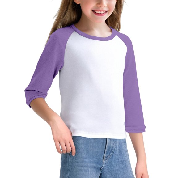 LIJCC Kids Girls Crew Neck Color Block 3/4 Sleeve T Shirts Blouses Baggy Three Quarter Sleeve Tops Youth Uniforms Curved Hem Kids Clothes
