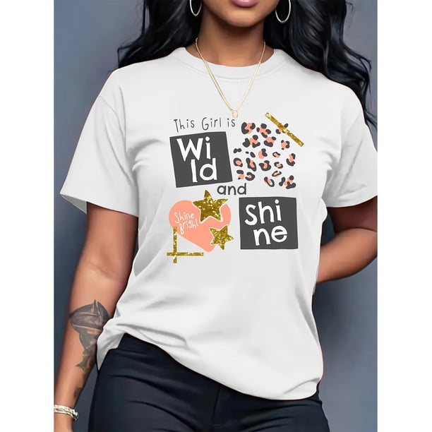 Camiseta de mujer verano Patrón de Corazón cuello redondoWomen's Casual Crew Neck T-Shirt with Sparkling Stars and Heart Print, 100% Polyester Knit Fabric, Medium Stretch, Fashionable Short Sleeve T