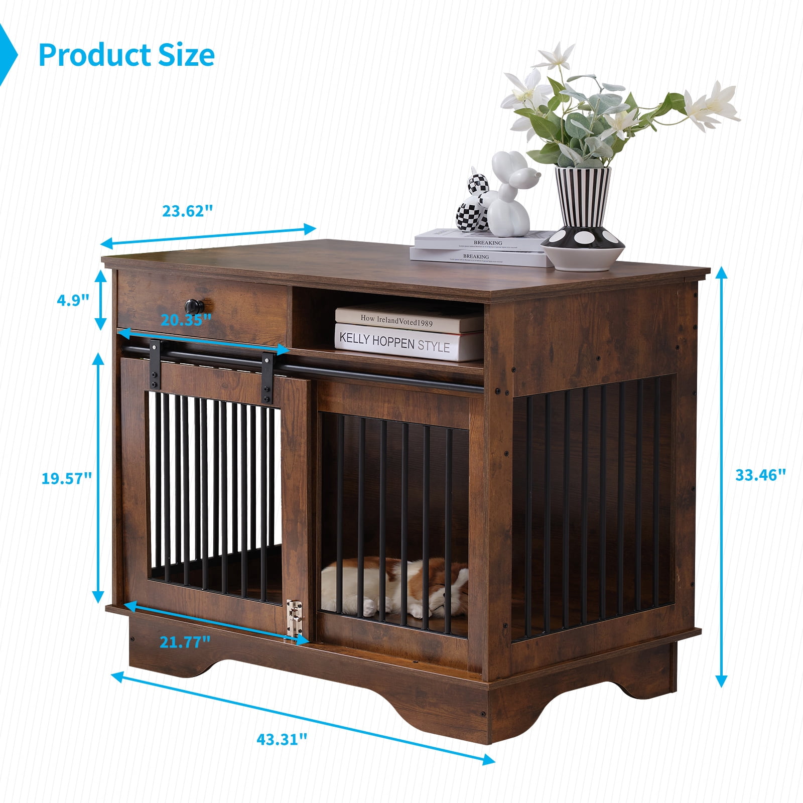 40 Inch Furniture Dog Crate - Wood Pet Crate With Drawers & Double Doors For Small/Medium Dogs