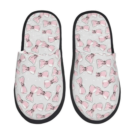 Balery Cute Bow Tie Slient Indoor Furry Fleece Comfort House Shoes Soft Non-Slip Home Shoes Cotton slippers House Slippers-- Large