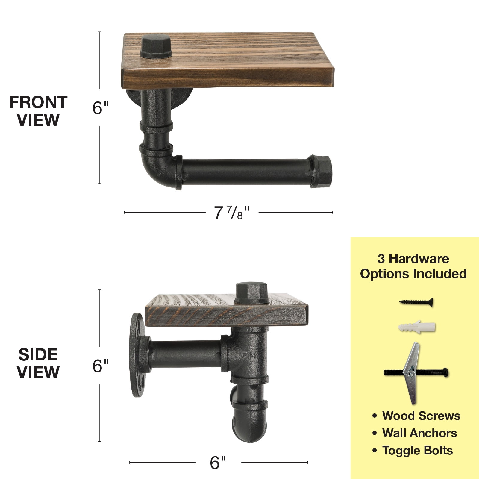 Excello Global Products Industrial Toilet Paper Holder With Rustic Wooden Shelf And Cast Iron Pipe Hardware For Bathroom, Washroom - EGP-HD-0061