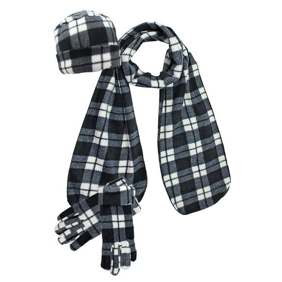 Black & White Plaid Fleece 3-Piece Hat Scarf & Gloves Matching Set