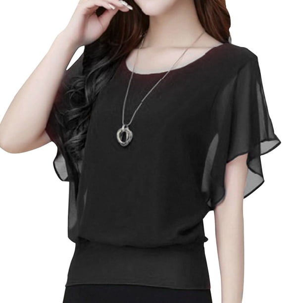 Minnieouse Camiseta de gasa de verano para mujer, camiseta informal de manga corta, blusa informal Prendas para la parte del cuerpo Negro L