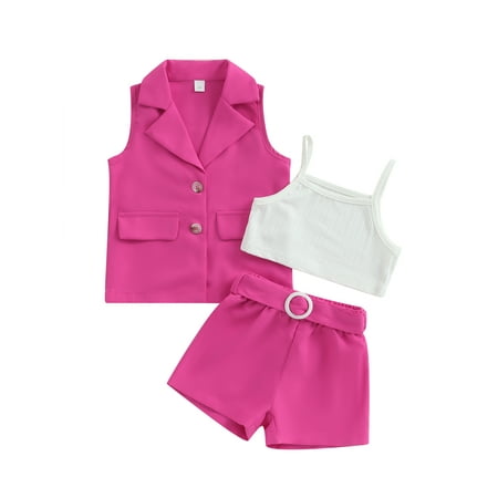 

aturustex 2-7 Years Toddler Girl 2Pcs Summer Outfits Sleeveless Button Down Blazer + Cami Tops + Belted Shorts Set Kids Suits