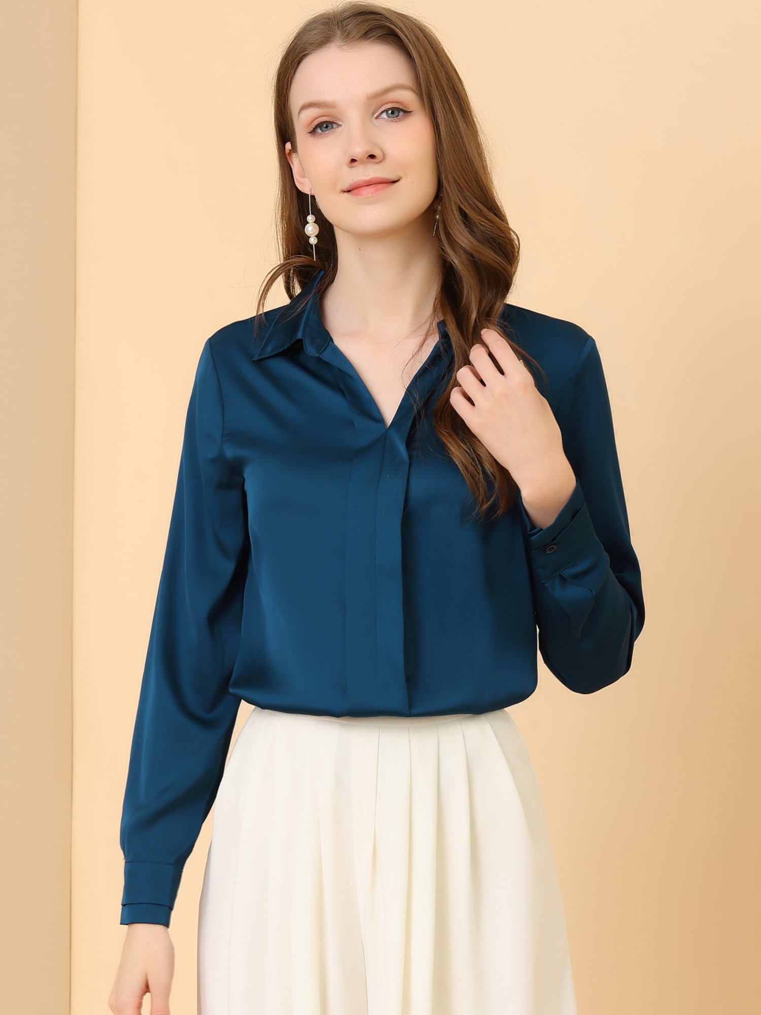 DARING DIVA Women's V Neck Classic Work Office Long Sleeve Shirt L Deep Blue