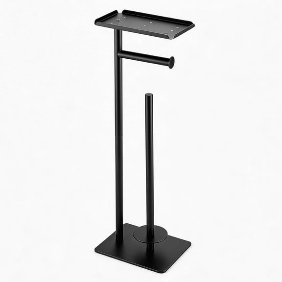 Toilet Paper Holder Stand, Toilet Paper Holder with Top Storage Shelf, Black Freestanding Toilet Paper Holder, Bathroom Storage Organizer for 4 Reserve Rolls Space-Saving