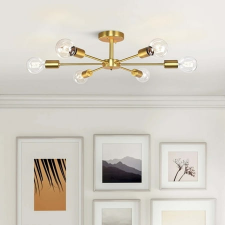 

Rennnsan 6-Light Modern Industrial Dimmable Sputnik Linear Cluster Semi-Flush Mount Light Gold