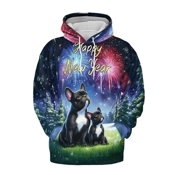 Happy New Year French Bulldog Family Cheer Winter Midnight Firework All Over Print 3D Hoodie Unisex Merch Hoodies Dog Lover Gifts - 02025