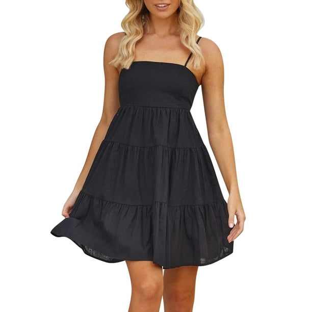 LLDYYDS Slimming Dresses for Curvy Women with Belly Size Large Womens  Summer Boho Tie Shoulder Strappy Mini Dress Smocked Ruffle Tiered Pleated  Swing Beach Sundress Black Small at  Women's Clothing store