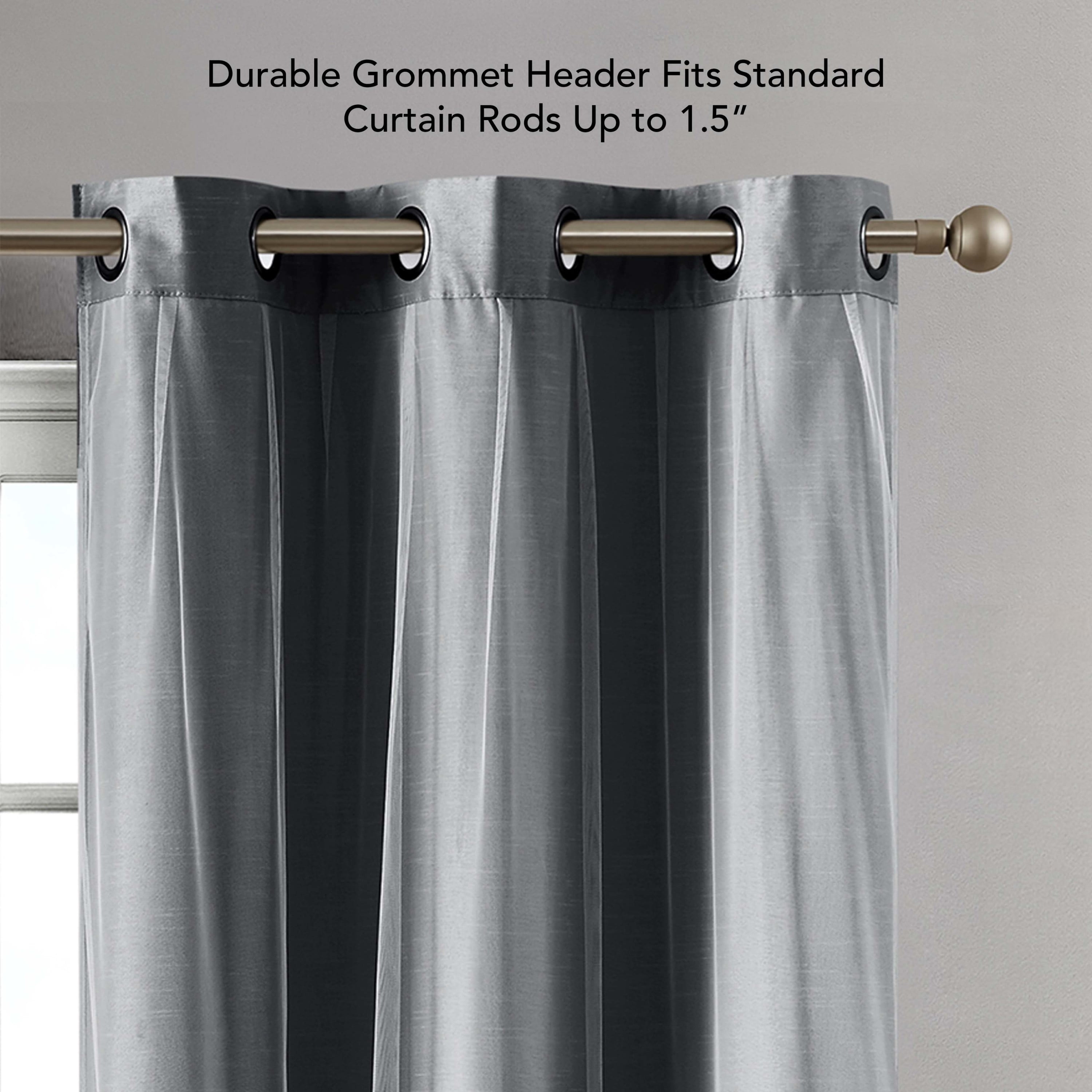 Augusta Blackout Window Curtain Panels and Tiebacks, Faux Silk with Sheer Overlay, Grommet, Charcoal Grey, 38" x 84"