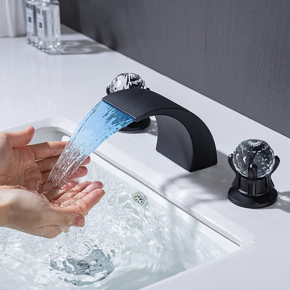 Black Widespread Bathroom Basin Sink Faucet LED Spout 2-Handle 3 hole Mixer Tap