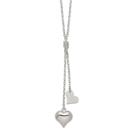 Fancy Puffed Heart - 925 Sterling Silver Polished and Textured Puffed Heart Fancy Drop Necklace 17 Inch
