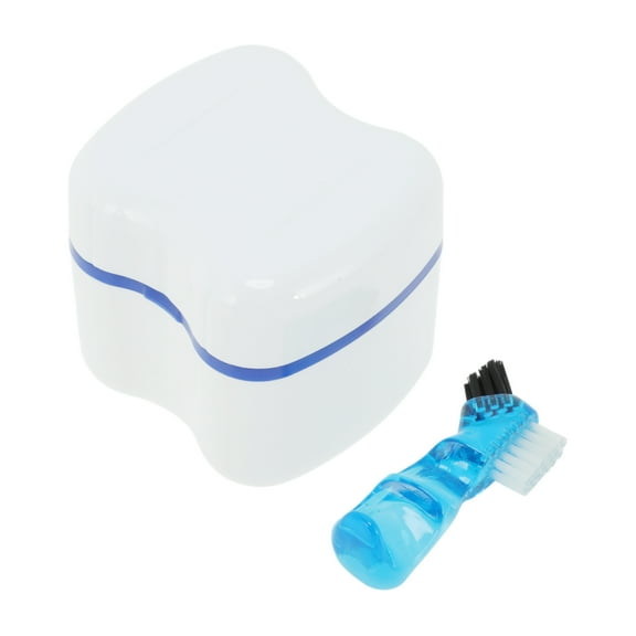 Unique Bargains 1 Set Braces Box Denture Bath Case Cup with Denture Cleaner Brush Blue