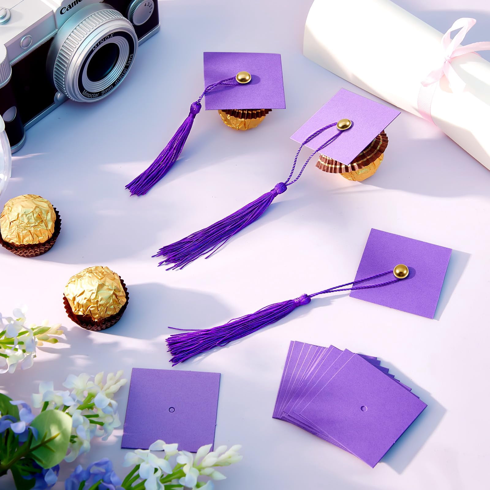 50 Purple Graduation Cap Cupcake Toppers Chocolate Mini Decor for Theme Parties