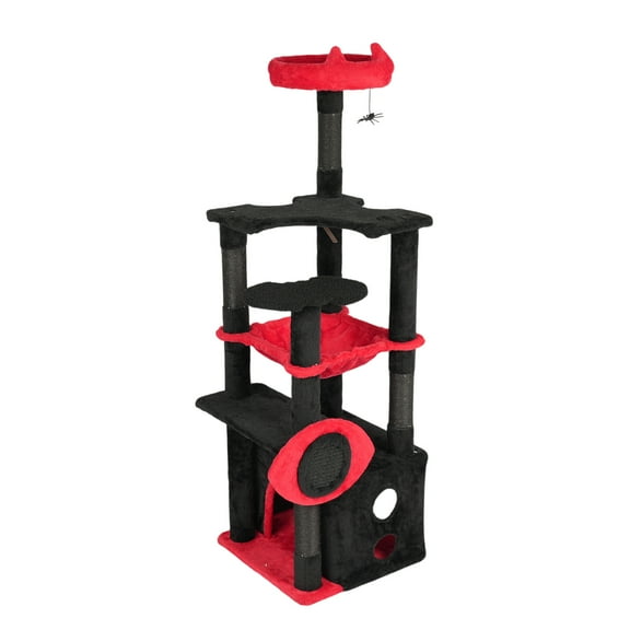 53" Large Cat Tree, Gothic Cat Tower with Padded Perch, Spacious Condo, Comfy Hammock, Scratching Post, Hanging Toy for Indoor Cats, Red & Black