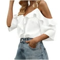 thumbnail image 2 of Qulqfy Women's Ruffle Blouses Strappy Off the Shoulder V Neck Blouses White Pure Women Fall Shirts L, 2 of 3
