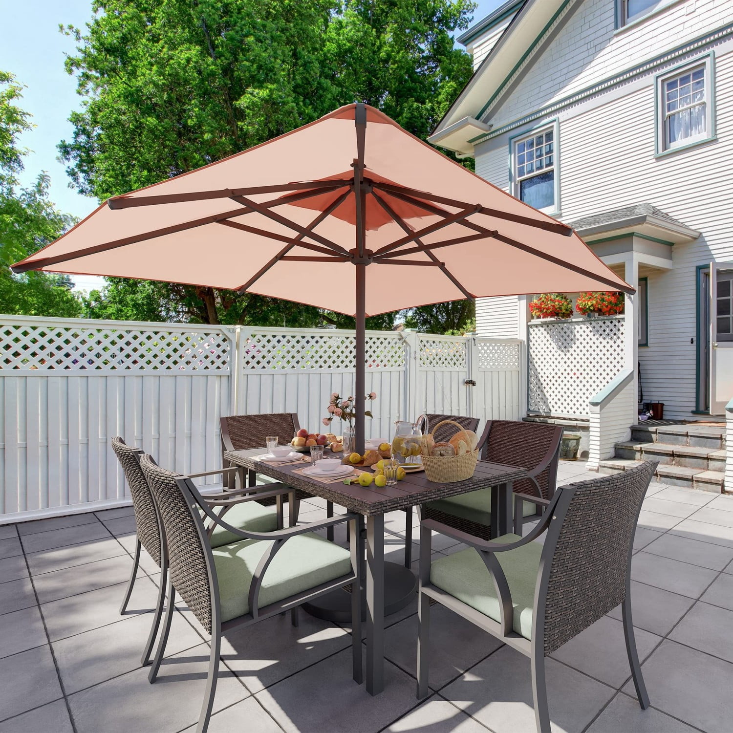 Wicker Patio Dining Chairs Set of 6, All Weather Outdoor Rattan Chairs with Green Cushions, 350 lbs Metal Frame Patio Chairs for Backyard Porch Garden