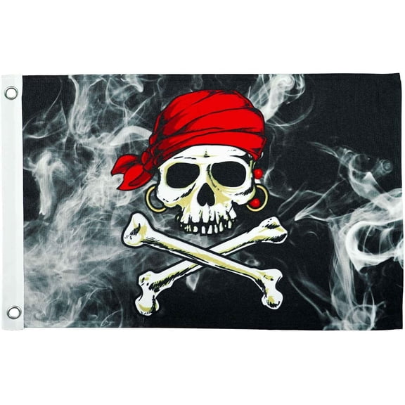 In the Breeze 3714 — Smokin' Pirate Printed 12"x18" Double Sided Grommet Flag, Outdoor Pirate Boat Flag