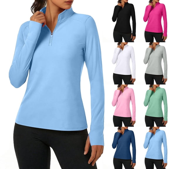 FAIWAD Long Sleeve Workout Tops for Women Quarter Zip Quick Dry Golf Tennis Shirts with Thumb Holes