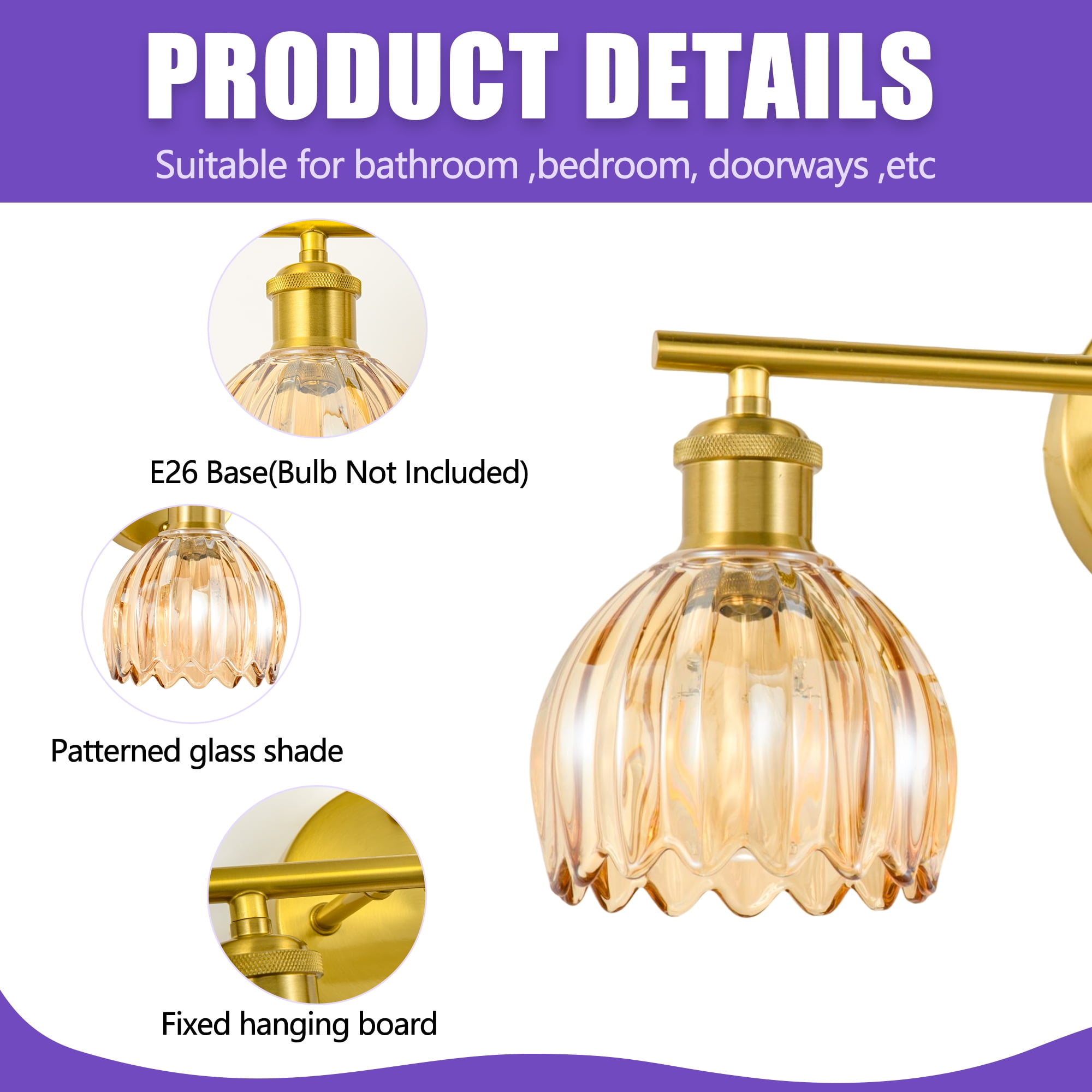 GCGAFUL Modern Gold Bathroom Vanity Light Fixtures, 12 in. 2-Light Bathroom Lights Fixtures Over Mirror with Amber Tulip Glass Shade