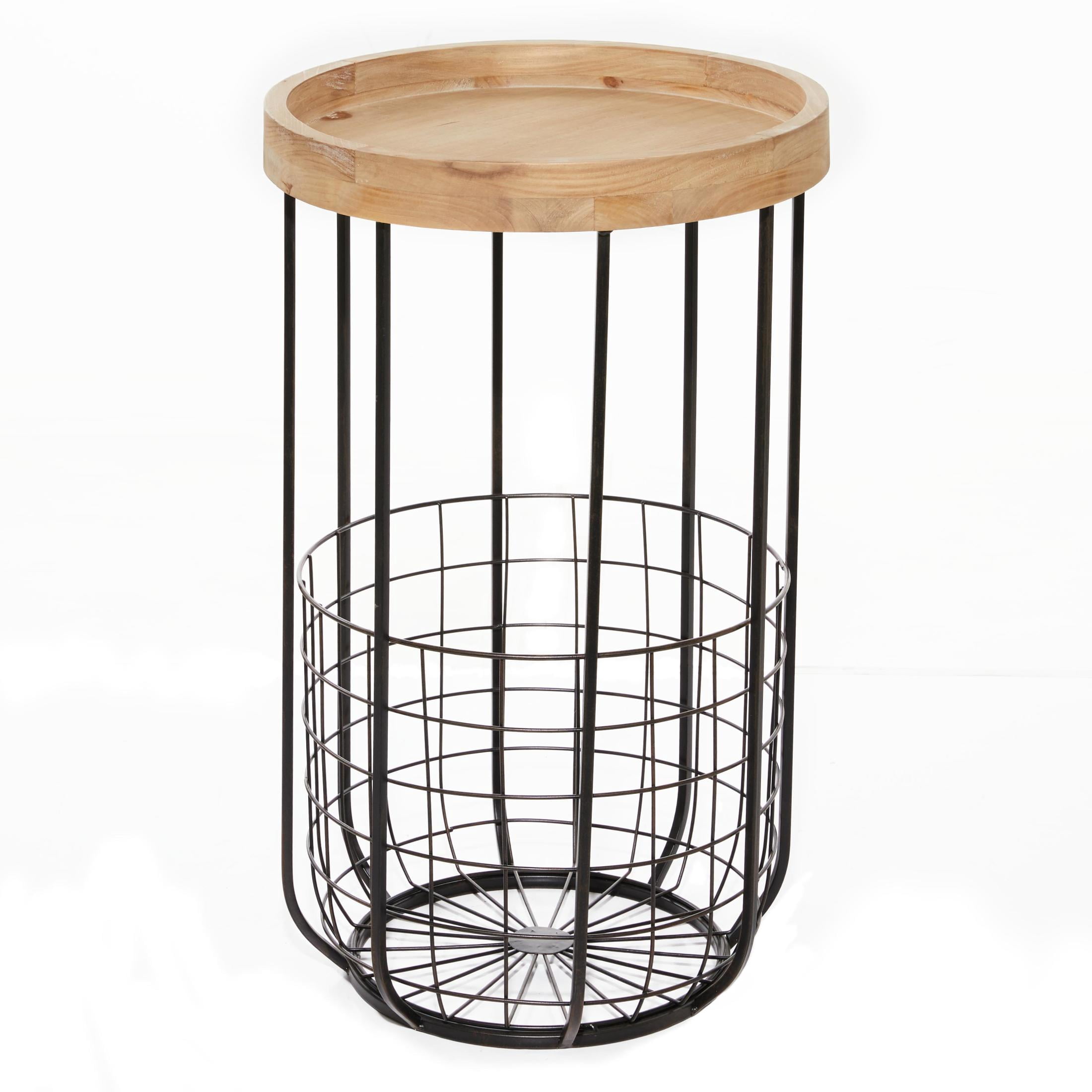 DecMode 16" x 26" Black Metal Wire Basket Storage Accent Table with Brown Wood Top, 1-Piece