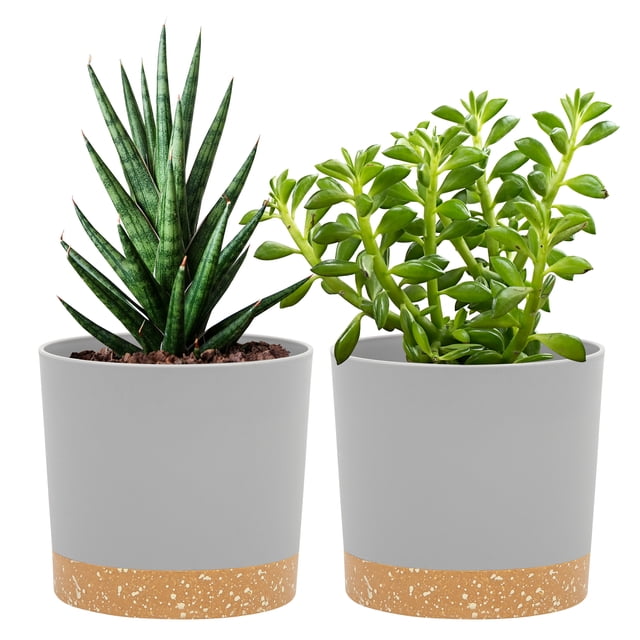 QCQHDU Plant Pots Set of 2 Pack 5 inch,Planters for Indoor Plants with Drainage Holes and Removable Base,Saucer Modern Decorative for Outdoor Garden Planters(Light Grey, 5 inch)