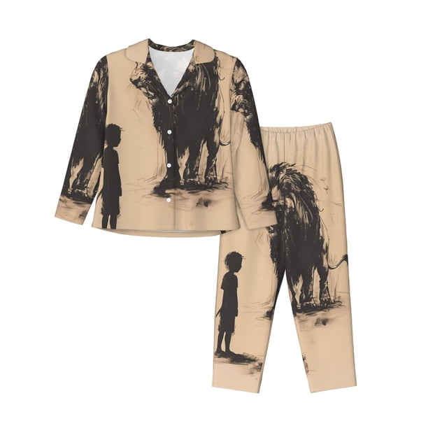 Balery Child And Lion Sketch Conjunto de Pijama con Estampado para Mujer, Conjunto de Dos Piezas con Manga Larga, Ropa de Dormir Suave con Bolsillos, Pijamas Cómodos-Medium