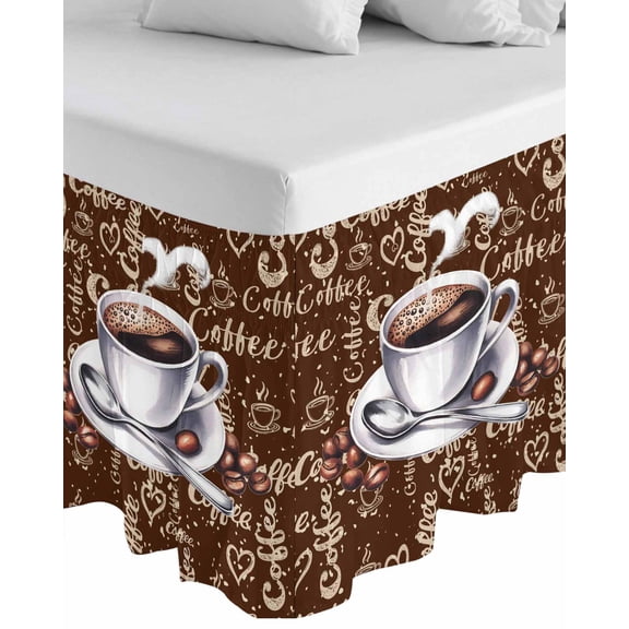Coffee Wrap Around Bed Skirts for Queen Bed 18" Drop, Bed Skirt with Adjustable Elastic Belt Dust Ruffle Bed Valance for Bedroom Hotel Luxury Vintage Art Pastoral Bed Frame Cover