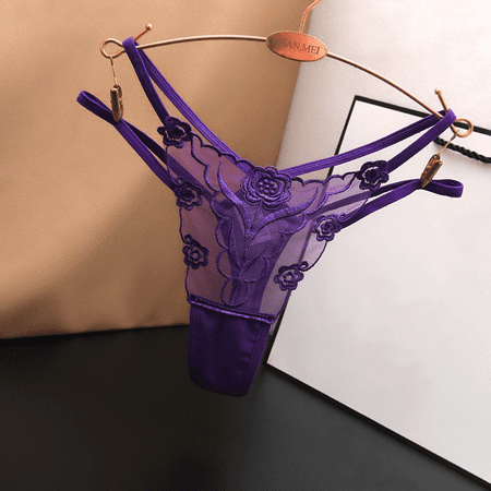 Fulorrnie Women s Sexy Lace Panties Floral Embroidery  Sheer Mesh Cutout Design  Low Rise Thong Cotton Gusset Underwear  Purple  M