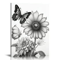 COMIO  Flower Canvas Wall Art Black and White Floral Painting Art Prints Transparent Floral with Butterfly Picture Artwork Modern Bedroom Bathroom Decor