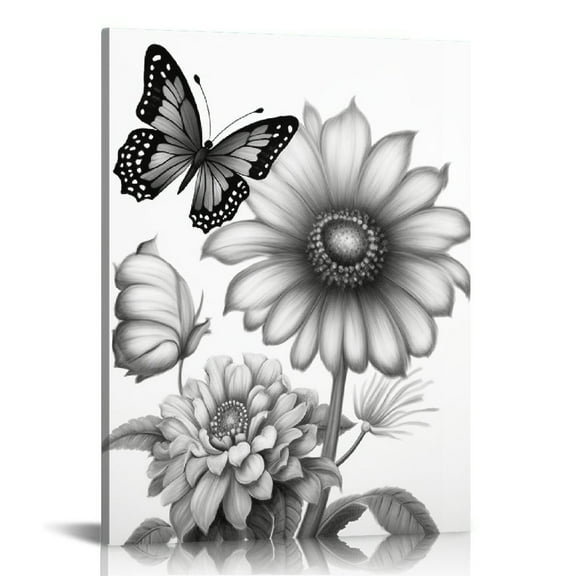 COMIO  Flower Canvas Wall Art Black and White Floral Painting Art Prints Transparent Floral with Butterfly Picture Artwork Modern Bedroom Bathroom Decor