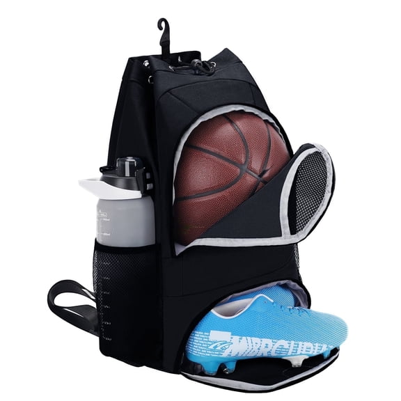 Drawstring Men Sports Backpack with Shoe Compartment Wet Pocket Hook Basketball Soccer Gym Sports Equipment Bags with Name Tag for Women, Black